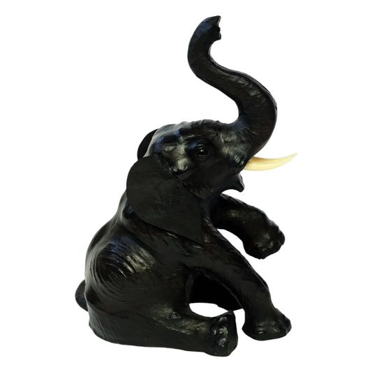 Sitting Baby Elephant with Trunk Up Handmade Painted Leather Statue