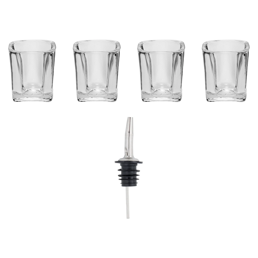Four 2oz Square Shot Glasses & Stainless Steel Pourer for Entertaining Anywhere