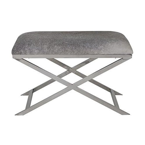 The SAMI Rectangle Nickel Stool with Grey Cowskin, 29.5 x 18 x 19h