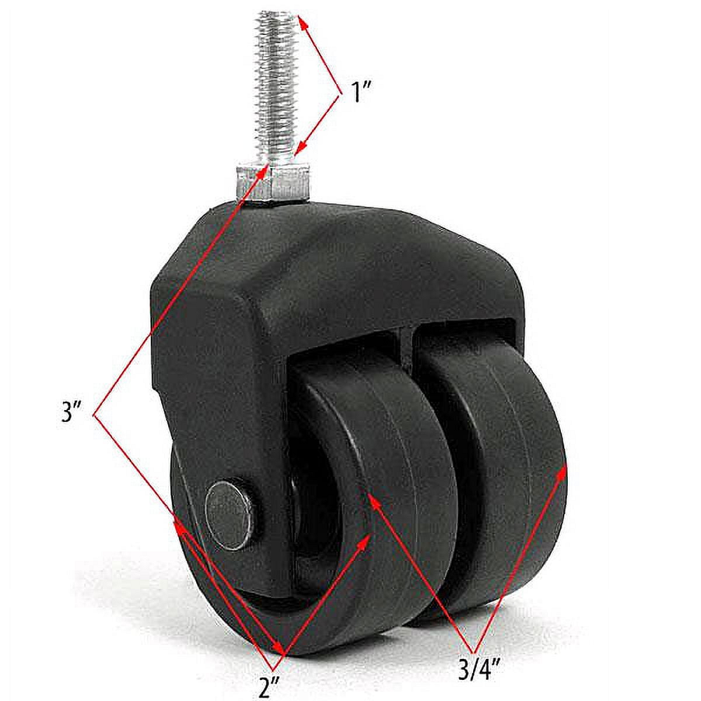 3" Dual Wheel Composite Plastic Caster, 5/16" Threaded Stem, Set of 4 (2/Brake)