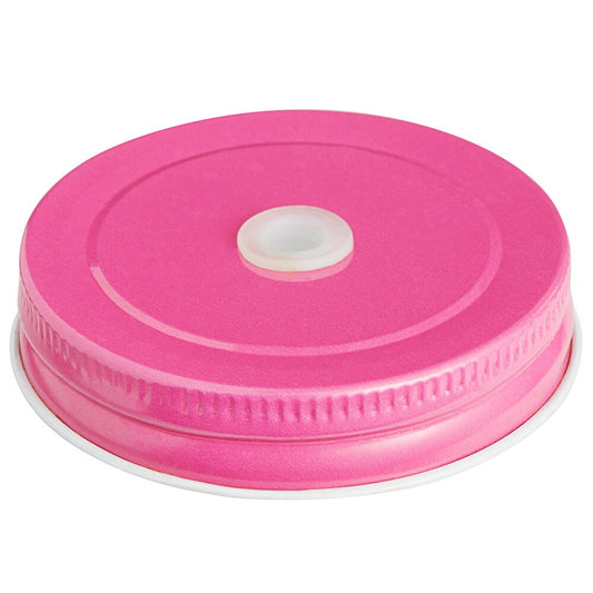 Acopa Rustic Charm Pink Metal Drinking Jar Lid with Straw Hole - 12 Pack