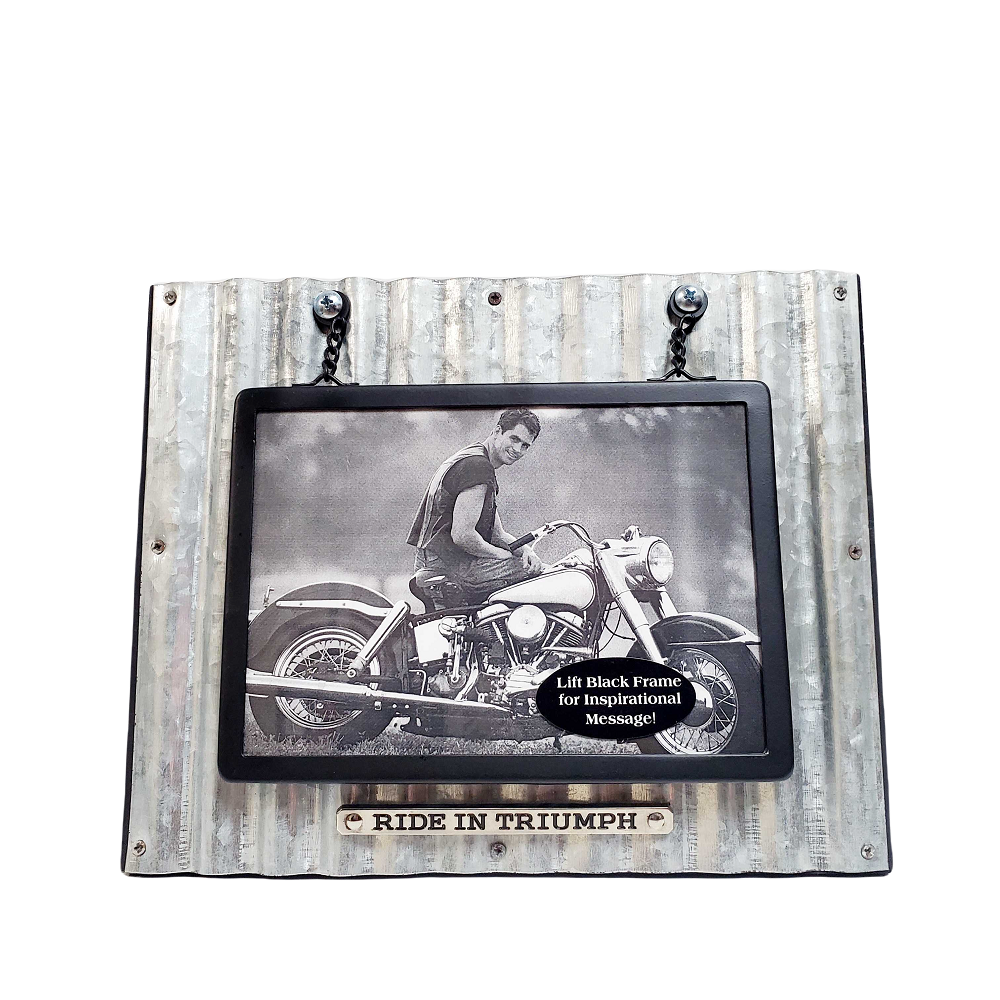 Ride in Triumph Corrugated Metal Photo Frame - God's Garage