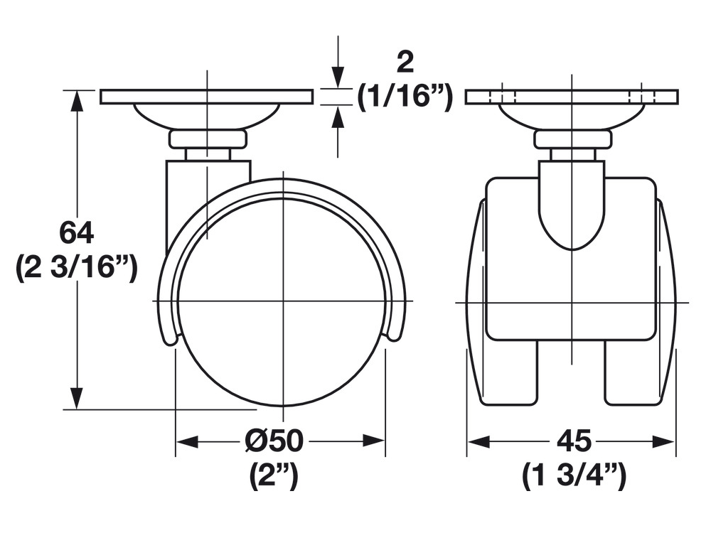 Hafele 660.04.351 Twin Wheel Caster, Screw-On Mount Plate without Brake, 50 mm