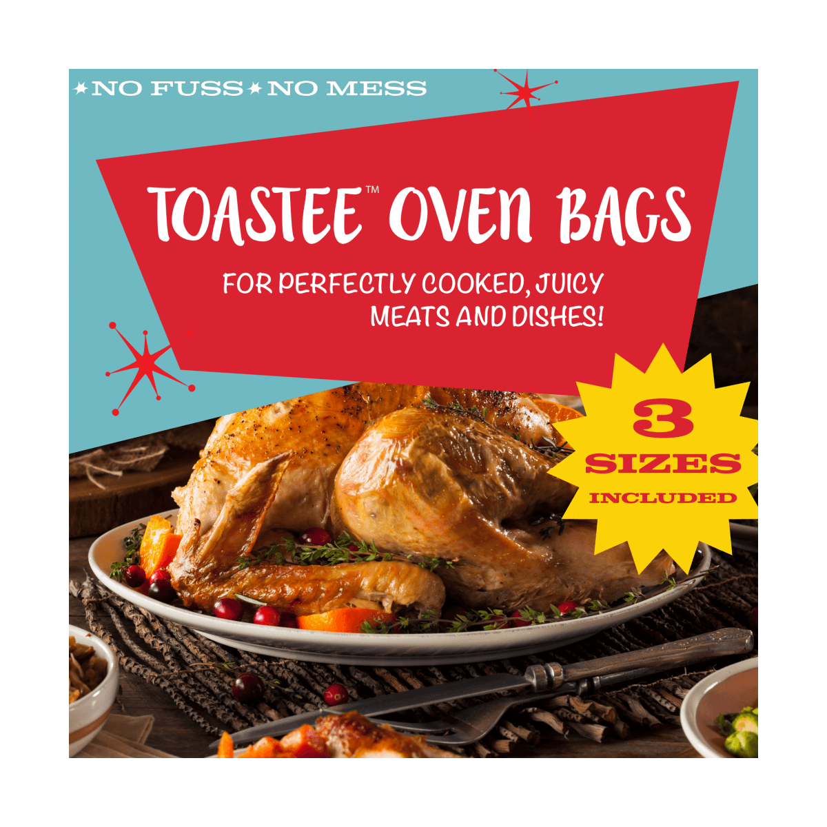 TOASTEE Oven Roasting Bags for Chicken, Ham, Prime Rib, Poultry, Turkey, Ribs, Seafood, Vegetables, 3 Commercial Sizes