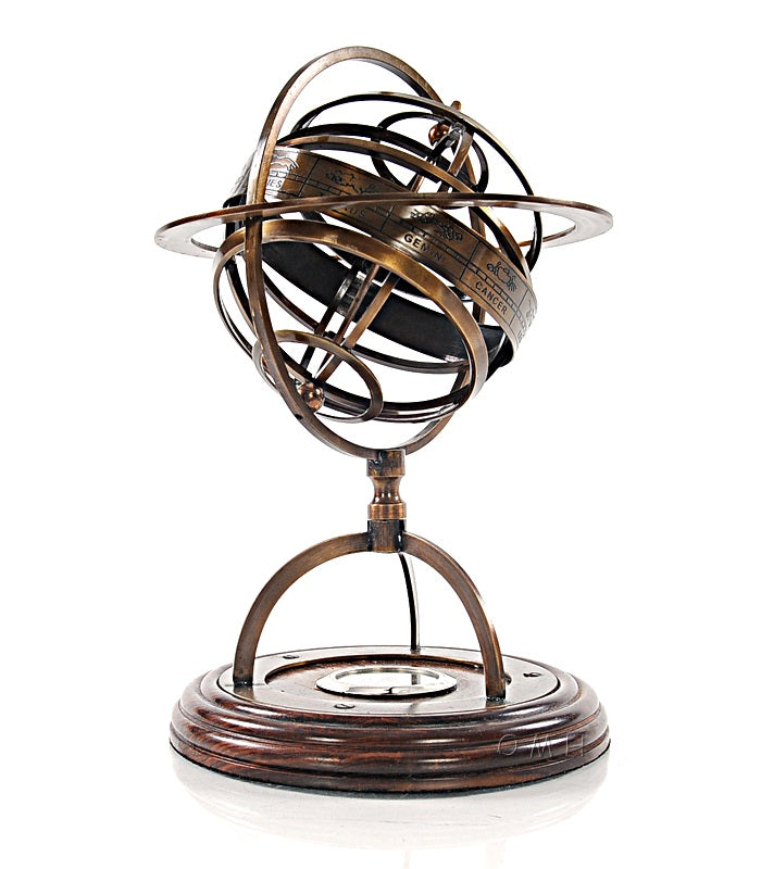 Brass Armillary with Compass on Wood Base