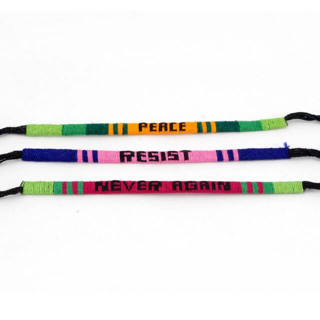 Handmade Fair Trade PEACE, RESIST, NEVER AGAIN Woven Bracelet Trio