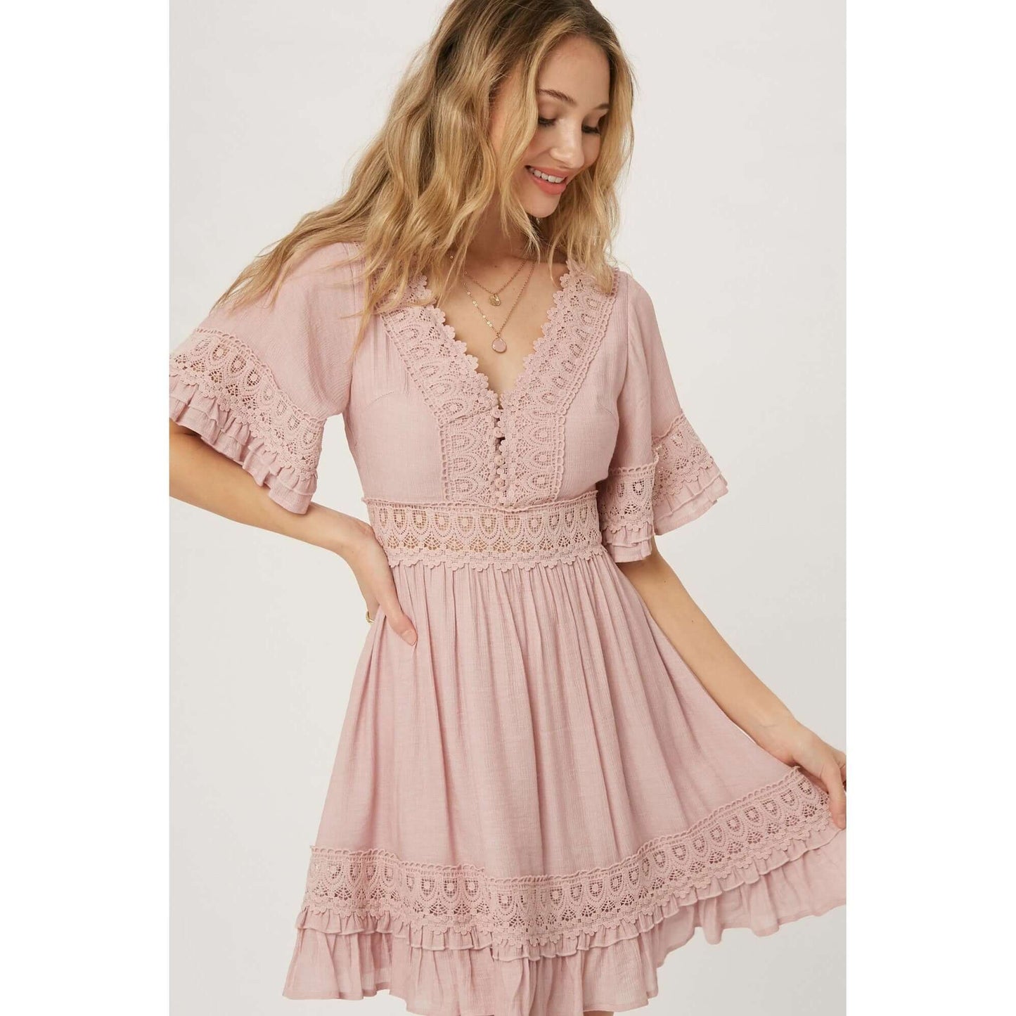 Dusty Rose V-Neck Lace Trim Dress