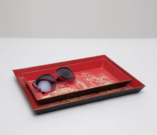 Datong Chinese Collection Red Linen-Textured Tin Nested Trays (Set of 2)