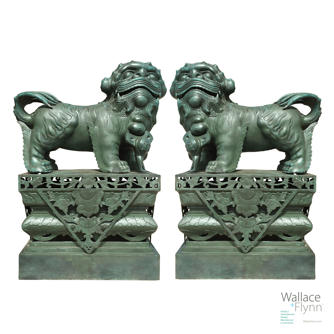 Hand Forged Bronze Chinese FOO DOG Sculptures, Set of 2 Cast Dragon Statues with pedestals