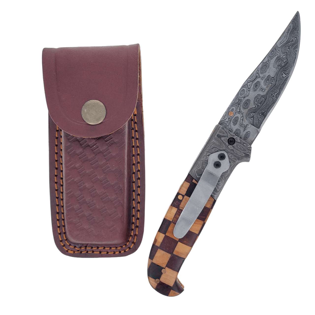 Walnut+Olive Checkered Raindrop Damascus Classic Folding Blade with Belt Sheath