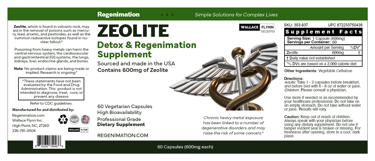 ZEOLITE Heavy Metal Detox Regenimation Supplement 600mg, 60 ct.