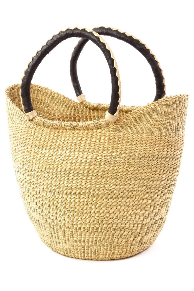 Natural Ghanaian Wing Shopper with Black Leather Handles