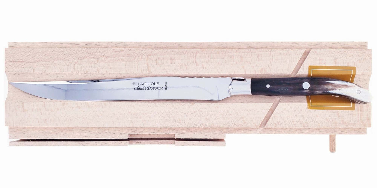 Corsa Miglia Heirloom Collection Authentic Stainless Steel Laguiole Carving Knife with Black Horn Handle and Sausage Cave
