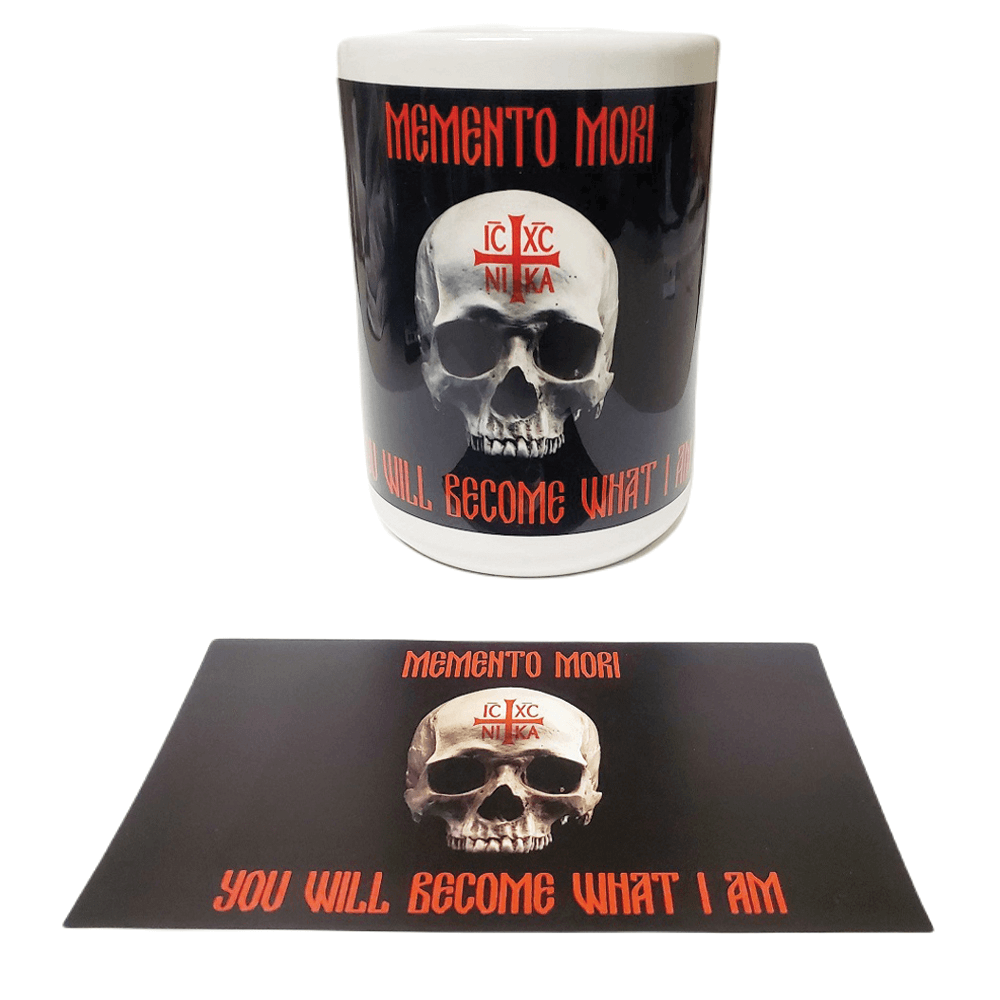 Memento Mori "You Will Become What I Am" 15 oz Mug + Matte Vinyl Sticker Gift Set, Flags Unfurled