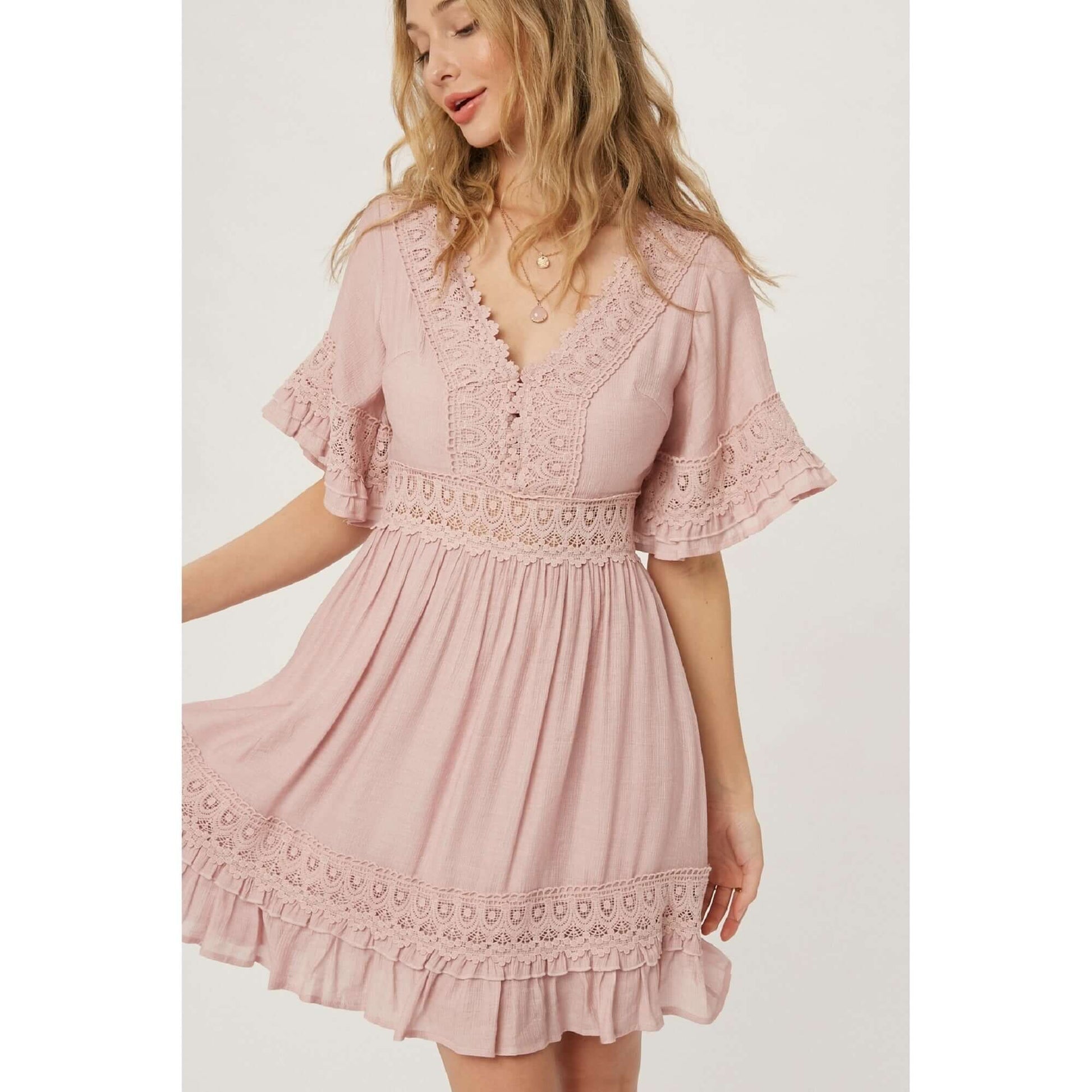 Dusty Rose V-Neck Lace Trim Dress