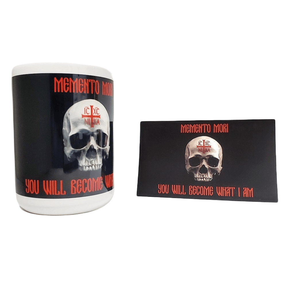 Memento Mori "You Will Become What I Am" 15 oz Mug + Matte Vinyl Sticker Gift Set, Flags Unfurled