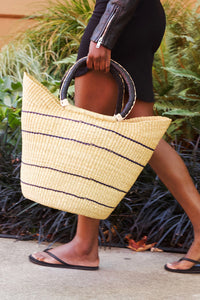Thumbnail for Natural Pinstripe Bolga Shopper with Leather Handles
